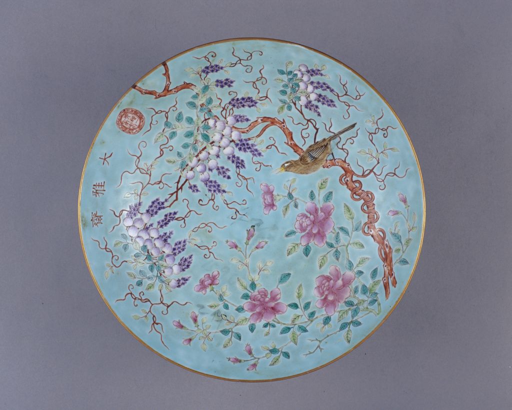 图片[2]-“Da Yazhai” type green space pastel flower and bird pattern high foot plate-China Archive